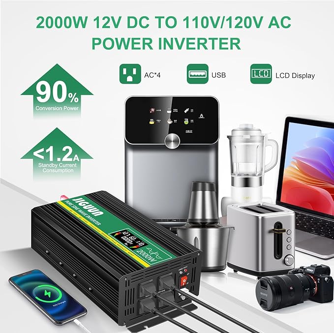 JIGUUN 1500 Watt Pure Sine Wave Power Inverter 12v DC to 110/120v AC Converter 3 AC & USB Output,Power Inverter LCD Display for Home RV Camping Car Truck 3000 Peak