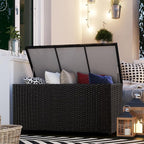 Outdoor 70 Gallon Wicker Storage Box with Waterproof Liner, Patio PE Rattan Storage Container for Outside, Deck Box with Hinged Lid for Cushions, Pillows, Towels, Horizontal Bin, Black