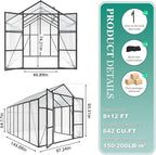Greenhouse for Outdoors 8x12x7.8FT, Polycarbonate Greenhouse with Stronger Wind Protection and Roof Vent, Walk-in Large Aluminum Sunroom Winter Proof, Black