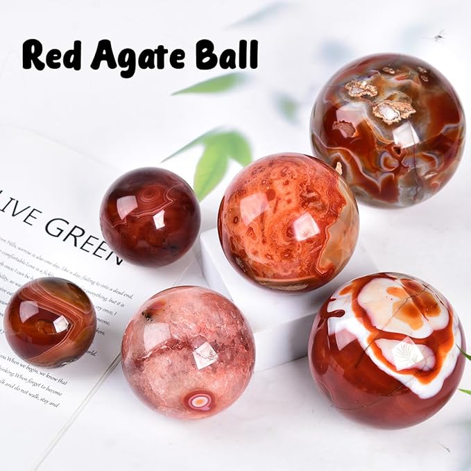 JIC Gem Natural Red Agate Crystal Ball Round Healing Crystals Decorative Sphere with Wooden Stand Meditation Home Decor 2.3-2.7 inch (60-70mm)