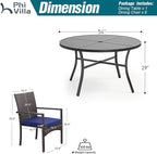 PHI VILLA 7 Pieces Outdoor Round Dining Set for 6, Large Wrought Iron Dining Table with Umbrella Hole & Cushioned Wicker Rattan Chairs, Dining Furniture Set for Patio, Deck, Yard, Porch