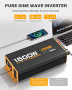 1500W Pure Sine Wave Power Inverter DC 12V to AC 110V 120V Converter with 2 AC Outlets, QC3.0 18W USB-A, PD30W USB-C Port Car Inverter with LCD Display and Remote Control for Truck RV Home