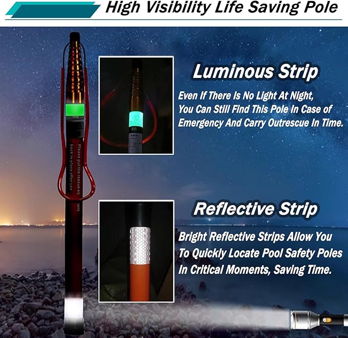 Telescopic Pool Rescue Hook with Pole, 16ft-30ft Adjustable Heavy Duty Pool Pole, Fibreglass Safety Hook Pools, Specialised Emergency Rescue Equipment for Drowning Victims (L:650cm/21.3ft)