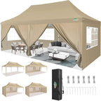 COBIZI 10x20 Pop Up Canopy with 6 Sidewall, Commercial Canopy UPF 50+ Waterproof Outdoor Gazebo with Carry Bag, Tents for Parties with Upgrade Frame, 3 Height Adjustable, Khaki
