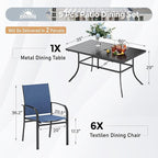 7 PCS Patio Dining Set for 6, Rectangular Metal Dining Table with Umbrella Hole and 6 Chairs, Outdoor Table and Chairs Set for Lawn Garden Backyard and Deck, Blue