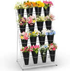 Flower Display Stand 4 Layers with 16 PCS Round Buckets, Plant Stand with Wheels, Movable Metal Plant Stand for Terrace Garden, Florist Shop