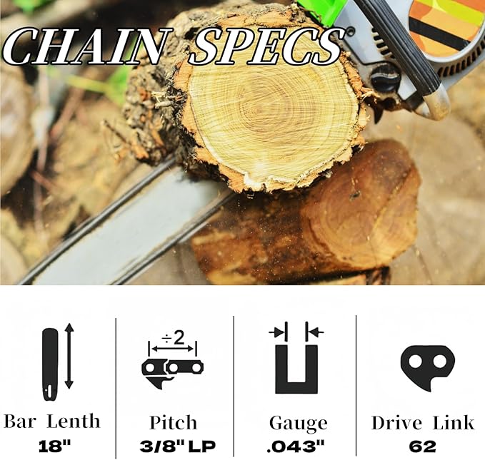 2PC 18 Inch Chainsaw Chains Fit Poulan Pro PR4218 / PP4218A / PP3516AVX, Replacement for Greenworks GCS80420, GCS80421,GCS80450, Poulan, Ego, Kobalt, Echo and More - 3/8"LP .050" Gauge 62DL