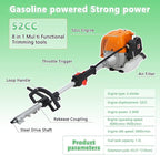 Weed Wacker Gas Powered,8 in 1 Multi Trimming Tool,52CC 2-Cycle Gas Powered Hedge Trimmer,Weed Eater,String Trimmer,Brush Cutter,Edger,Pole Saw Chainsaw Pruner with Extension Pole 1.2L 2.3kw