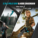 2-in-1 Cordless Pole Saw & 8'' Mini Chainsaw,Forest Ranger Approved Electric Handheld Chain Saw with 2× 21V 4.0Ah Rechargeable Batterie&Charger, Auto Oiling Multi-Angle,Max 16Ft Saw for Tree Trimming