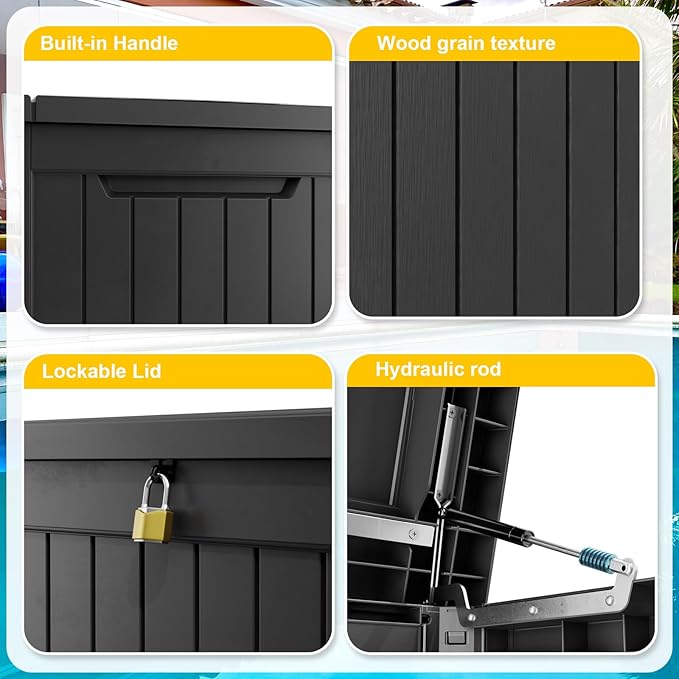 XXL 230 Gallon Large Resin Deck Box, Lockable Outdoor Storage Box for Patio Cushions Storage Furniture,Garden Tools, Pool Supplies, Weatherproof and UV Resistant- Black (230 Gallon)