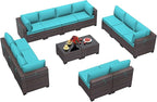 Outdoor Patio Furniture Set, 14 Pieces Outdoor Furniture All Weather Patio Sectional Sofa PE Wicker Modular Conversation Sets with Coffee Table,12 Chairs & Seat Clips(Turquoise Blue)