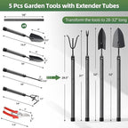 Garden Tool Set, 5Pcs Garden Tools with Extensions, Heavy Duty Rustproof Metal Gardening Tool Shovel Weeder Tiller Pruning Shear Gardening Supplies Garden Gifts for Women Kids