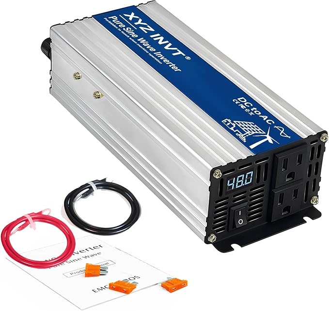 1000W Pure Sine Wave Power Inverter DC 48V to AC 110V/120V, 2000W Peak, Car/Truck Power Converter for Solar, Home, Vehicle & Rechargeable Devices with LED Display