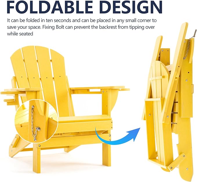 Folding Adirondack Chair, HDPE Outdoor Texture Lawn Chair with Reclining Back, Cup and Phone Holder - Comfortable Firepit Chair Weather Resistant for Patio or Backyard (Yellow, Set of 1)