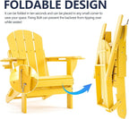Folding Adirondack Chair, HDPE Outdoor Texture Lawn Chair with Reclining Back, Cup and Phone Holder - Comfortable Firepit Chair Weather Resistant for Patio or Backyard (Yellow, Set of 1)