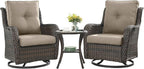 HUMMUH 3-Piece Swivel Rocking Rattan Chair Outdoor, Patio Bistro Furniture Conversation Set,Cushioned Wicker Chair with Glass Coffee Table(Brown, Grey)