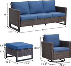 Rilyson Wicker Outdoor Patio Furniture Set - 5 Piece Patio Conversation Set with 2 Swivel Rocker Chairs,2 Rattan Ottoman and 1 Couch for Outside Porch Deck Backyard Garden(Brown/Blue)