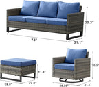 Rilyson Wicker Outdoor Patio Furniture Set - 5 Piece Patio Conversation Set with 2 Swivel Rocker Chairs,2 Rattan Ottoman and 1 Couch for Outside Porch Deck Backyard Garden(Mixed Grey/Blue)
