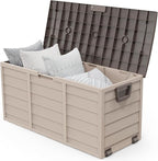 VINGLI 75 Gallon Outdoor Storage Box, Lockable Plastic Storage Containers with Lid, Patio Deck Box Furniture for Garden, Pool, Balcony, Yard (Coffee)