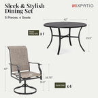 5 Pieces Patio Dining Set, Outdoor Table and Chairs, 4 x Textilene Swivel Dining Chairs and 42" Round Black Table, with 1.57" Umbrella Hole, for Cozy Garden Settings, Grey-Brown
