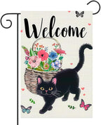 Welcome Cat Garden Flag 12x18 Inch Cute Black Cat Colorful Floral Butterfly Basket Double-Sided Yard Decoration for Outdoor Garden Patio Yard Spring Summer Décor