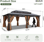 Aoxun 12'x20' Hardtop Gazebo, Aluminum Frame Permanent Pavilion with Netting and Curtains, Outdoor Polycarbonate Double Roof Canopy, Designed for Lawn, Garden, Patio (Khaki)