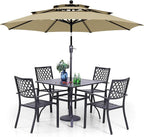 PHI VILLA Outdoor Dining Set 6 PCS with 10ft 3-Layer Round Umbrella(Beige),1 Square 37"x 37"Dining Table,4 Bistro Chairs& 10ft Patio Umbrella