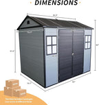 LANTRO JS Outdoor Storage Shed, 8x6FT Plastic Storage Shed with 2 Windows and Lockable Door for Garden Tools, Bike, Lawnmower, Grey and Black