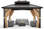 Outdoor Hardtop Gazebos 10 x 12 ft Permanent with High Strength Aluminum Frame, Double-Roof, Pavilion with Curtain and Netting for Patio, Lawn, Deck, Garden (Darkbrown, 10x12 ft)