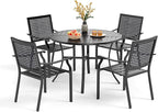 PHI VILLA 5 Pieces Outdoor Round Dining Set for 4, Steel Circle Table with Umbrella Hole & Stacking Wrought Iron Chairs, Modern Dining Furniture Set for Patio, Deck, Yard, Porch