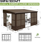 10x14FT Lean to Sunroom Enclosed Gazebo with Gutters,Wall Mounted Sun Room, Solarium with Galvanized Steel Sloping Roof &Detachable PC Screens, 3 Sliding Doors Sun Rooms for Patio, Deck -Brown
