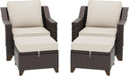 4 Pieces Patio Conversation Furniture Set - 2 Chairs with Ottomans Set of 2, Outdoor Wicker Armchairs with Water-Resistant and Washable Cushions for Porch, Balcony, Sunroom (Beige)