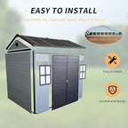 LANTRO JS Outdoor Storage Shed, 8x6FT Plastic Storage Shed with 2 Windows and Lockable Door for Garden Tools, Bike, Lawnmower, Grey and Black