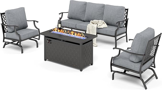 HERA'S HOUSE 4 Pieces Patio Furniture Set with Fire Pit Table, 2 x Rocking Chair, 3-Seat Sofa with 45" Fire Pit Table, Outdoor Conversation Set for Garden Poolside Backyard, Grey