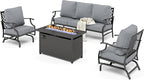 HERA'S HOUSE 4 Pieces Patio Furniture Set with Fire Pit Table, 2 x Rocking Chair, 3-Seat Sofa with 45" Fire Pit Table, Outdoor Conversation Set for Garden Poolside Backyard, Grey