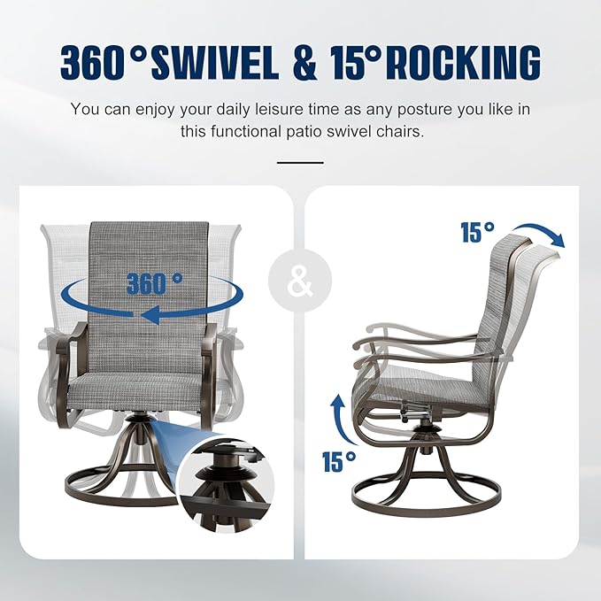 UDPATIO Patio Swivel Dining Chairs Set of 6, Outdoor Swivel Chairs High Back with All Weather Padded Textilene, Metal Rocking Frame for Lawn Garden Backyard, Grey White