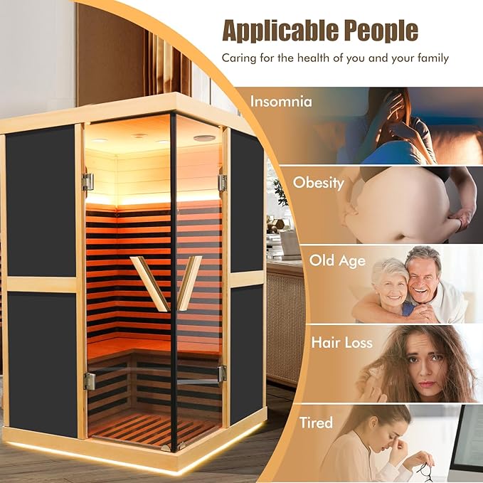 Far Infrared Sauna for Home 2 Person Saunas for Home Indoor Sauna 1980W Hemlock Wood Sauna Room 2-Person Infrared Sauna with LCD Control Panel and Tempered Glass Doors Dry Sauna 47.2*47.2*75.6 Inches