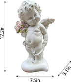 Garden Cupid Angel Statue with Pink Roses, White Cherub Figurine, Outdoor Indoor Decorative Sculpture