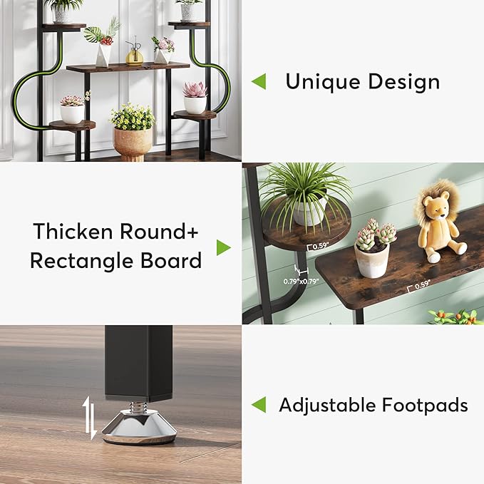 Tribesigns 8-Tier Metal Plant Stand, Large Tall Plant Shelf for Multiple Plants, Round & Square Boards, Wood Indoor Ladder Holder Flower Rack for Living Room, Patio, Balcony (Rustic Brown & Black)