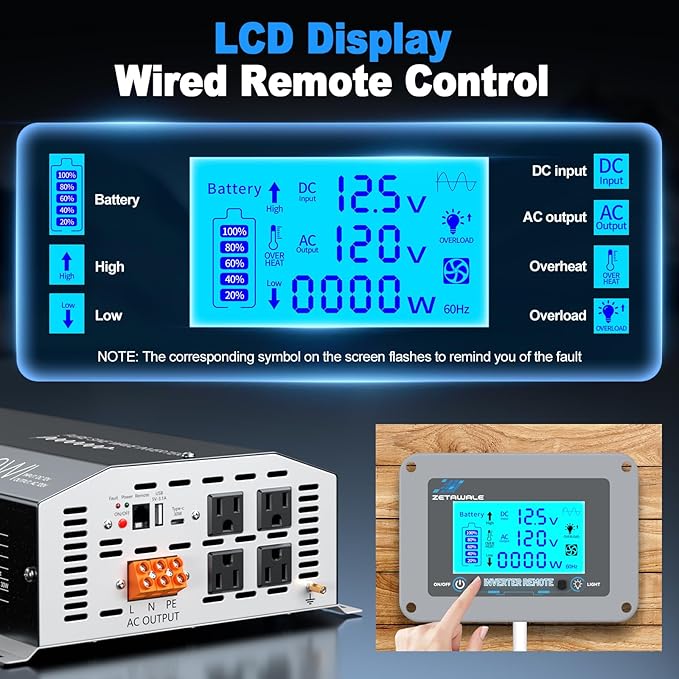2000 Watt Pure Sine Wave Inverter 12v DC to 110v 120v AC Converter,4000W Peak Power Inverter with 4 AC Outlets,USB Port,Type-C,Remote Control LCD Display for Truck, RV, Vehicles, Solar Off-Grid
