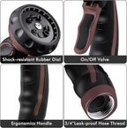RESTMO Hose Nozzle with Easy Self-Lock Trigger, Heavy Duty Metal Water Hose Sprayer with 9 Spray Patterns and On/Off Valve, Ideal for Outdoor Lawn & Garden Watering, Car & Pet Washing, Brown