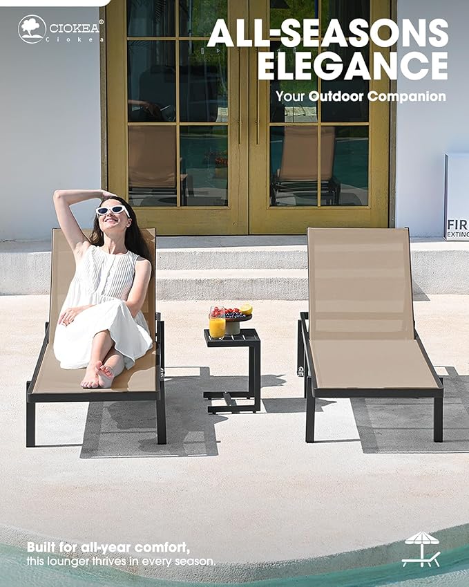 Patio Chaise Lounge Chair Set of 2, Outdoor Lounge Chairs with Wheels, 5-Position Adjustable Sun Loungers for Pool, Deck, Beach, Khaki