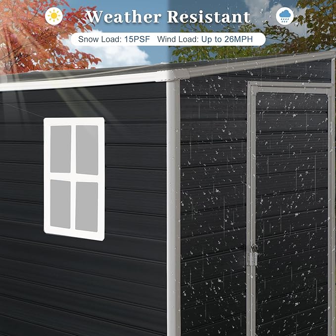 8x4ft Lean to Shed, Resin Outdoor Storage Shed with Floor and 2 Windows, Plastic Sheds & Outdoor Storage Clearance for Patio Furniture, Garden Tools Bike Accessories, Beach Chairs