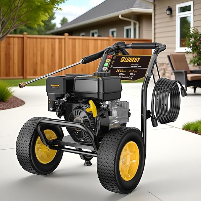 BLUBERY Gas Pressure Washer, 3600 PSI Pressure Washer，2.7 GPM Heavy Duty Power Washer, 30 feet Pressure Hose&Soap Tank,4-Stroke OHV 212cc Engine,Portable Industrial Style,Black