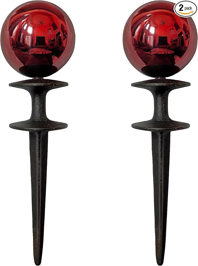 Lulu Decor, Garden Red Gazing Ball Hose Guide, Set of 2. Strong and Decorative Hose Guide that Protects Your Plants and Provides Elegance to Your Garden