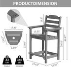 OTSUN 24 Inch HDPE Counter Height Outdoor Chair Set of 2 with Connecting Tray, All Weather Resistant Tall Adirondack Chairs for Balcony, Porch, Kitchen (2 PCS, Grey)