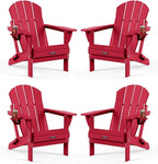 MUCHENGHY Folding Adirondack Chairs Set of 4, Patio Chairs, Lawn Chairs, Outdoor Chairs, Adirondack Chair Plastic, Fire Pit Chairs, Weather Resistant with Cup Holder for Deck, Backyard, Garden(Red)