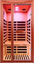Far Infrared Intdoor Sauna Okoume Wooden Saunas Spa 1550W Dry Sauna Room for 1-2 Person with Bluetooth 7 Color Light 39.37 * 35.43 * 74.8 inch