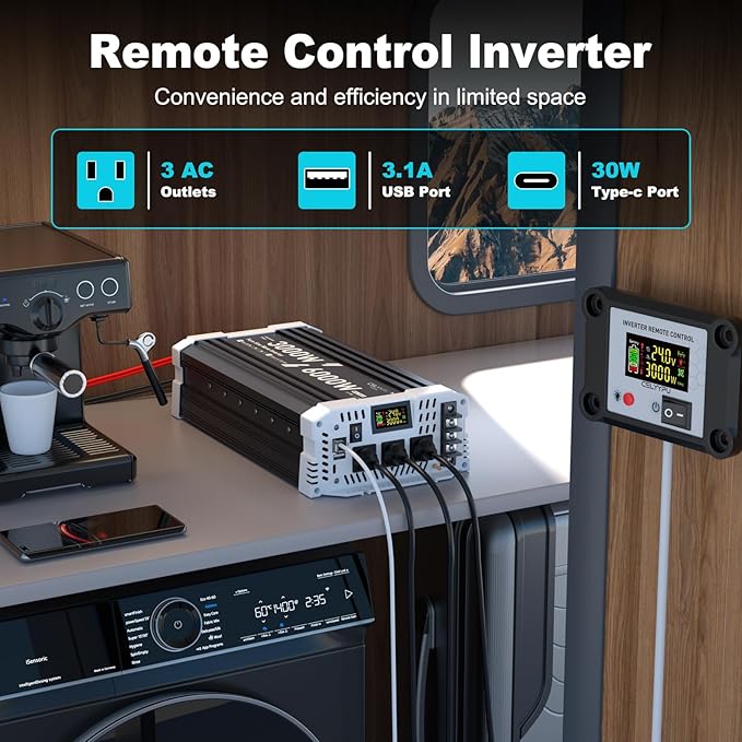 3000 watt Pure sine Wave Inverter, 24V DC to 110V AC Power Inverter, Used for Solar Emergency Power Supply in RV Homes, with 3 AC Output sockets, USB Port, Type-C Port, Remote Control with LCD Screen