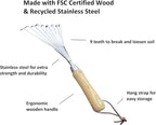 Garden Guru Eco Hand Rake Soil Tiller- 100% Recycled Stainless Steel - Rust Resistant - FSC Certified Wood Ergonomic Handle - Great for Gardening Cultivating Loosening Soil & Spreading Mulch (2 Pack)